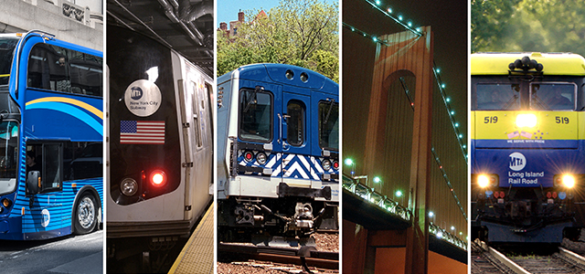An image showing a bus, bridge, subway train, LIRR train and Metro-North train.