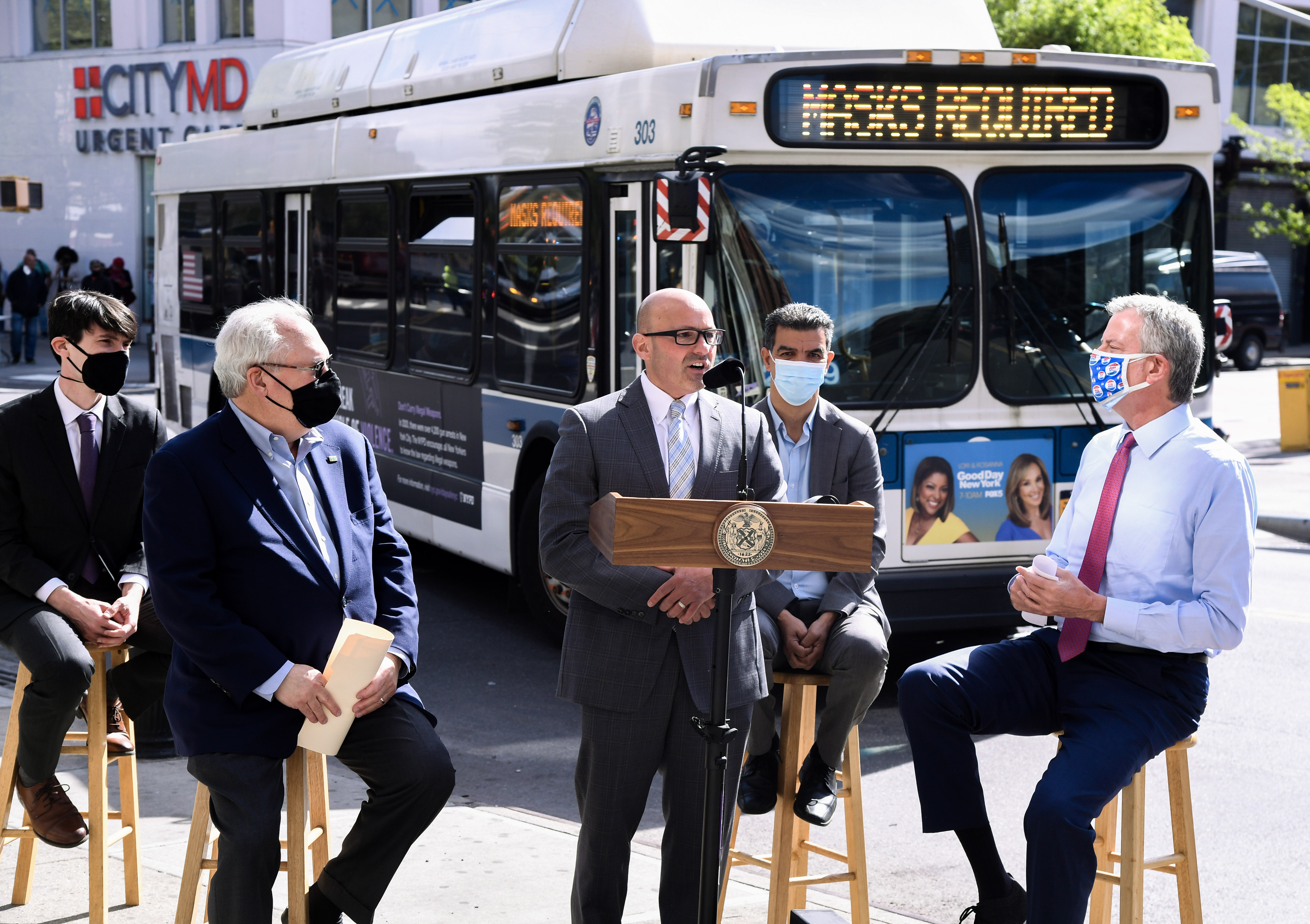 MTA Bus Company President Craig Cipriano and Mayor de Blasio ride a Bx36 bus along the newly opened 181 St busway.