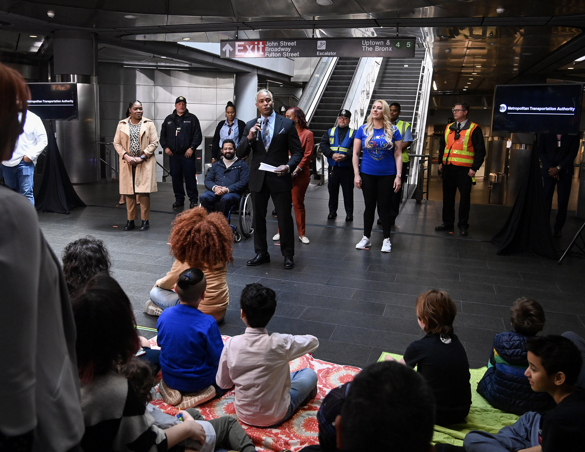 Transit enthusiasts were invited to record subway station announcements in recognition of Autism Awareness Month, which were debuted at a press conference at Fulton Transit Center on Monday, Apr 10, 2023.