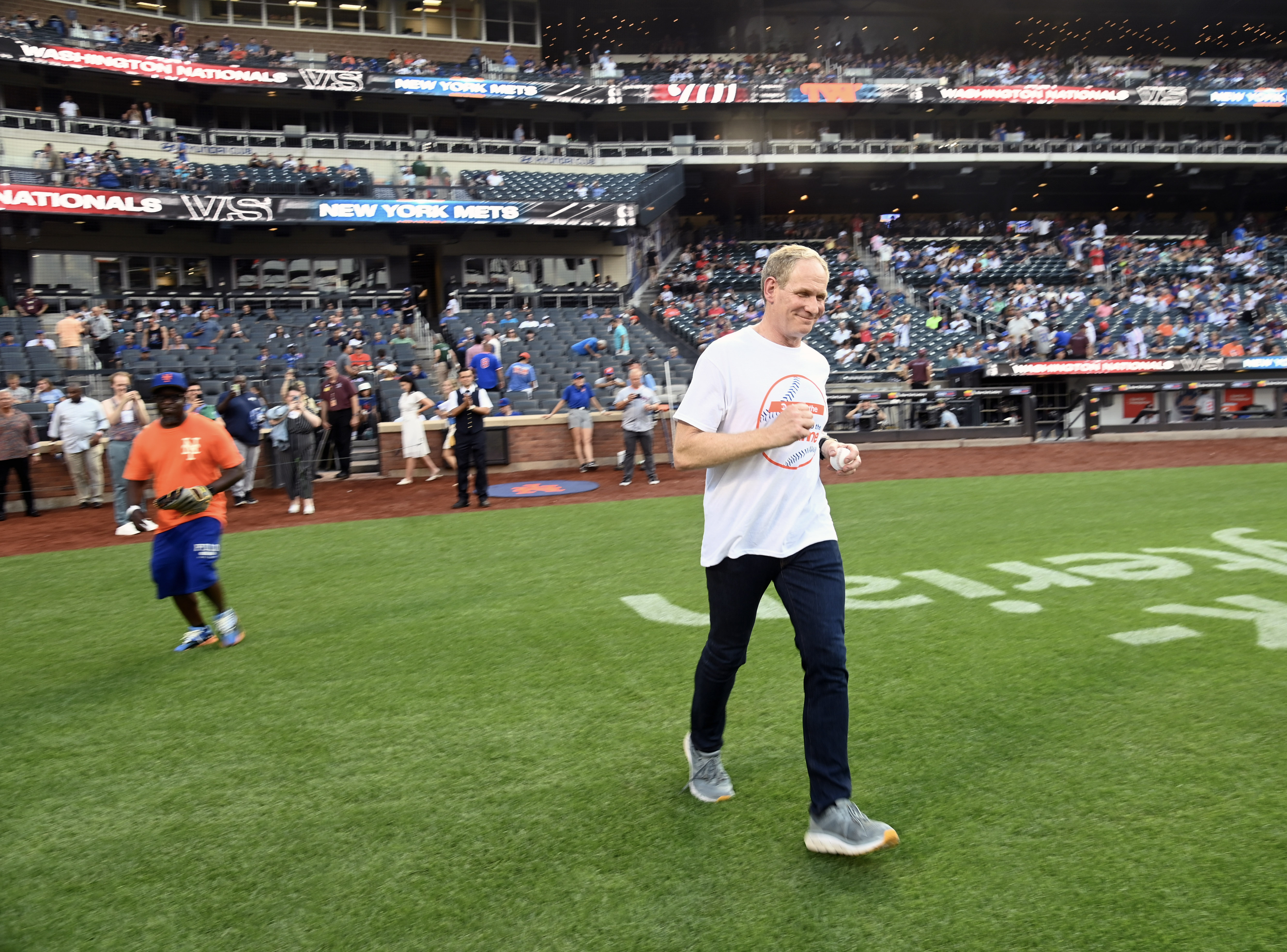 MTA Chair and CEO runs on field to throw first pitch at Mets game