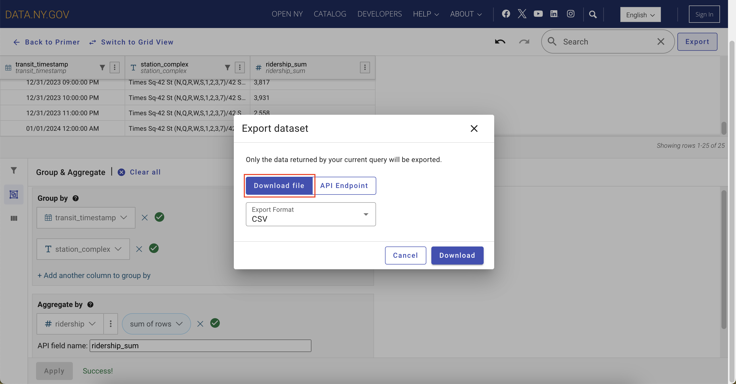 Screenshot of the New York State Open Data website showing the Export dataset pop-up with Download file selected