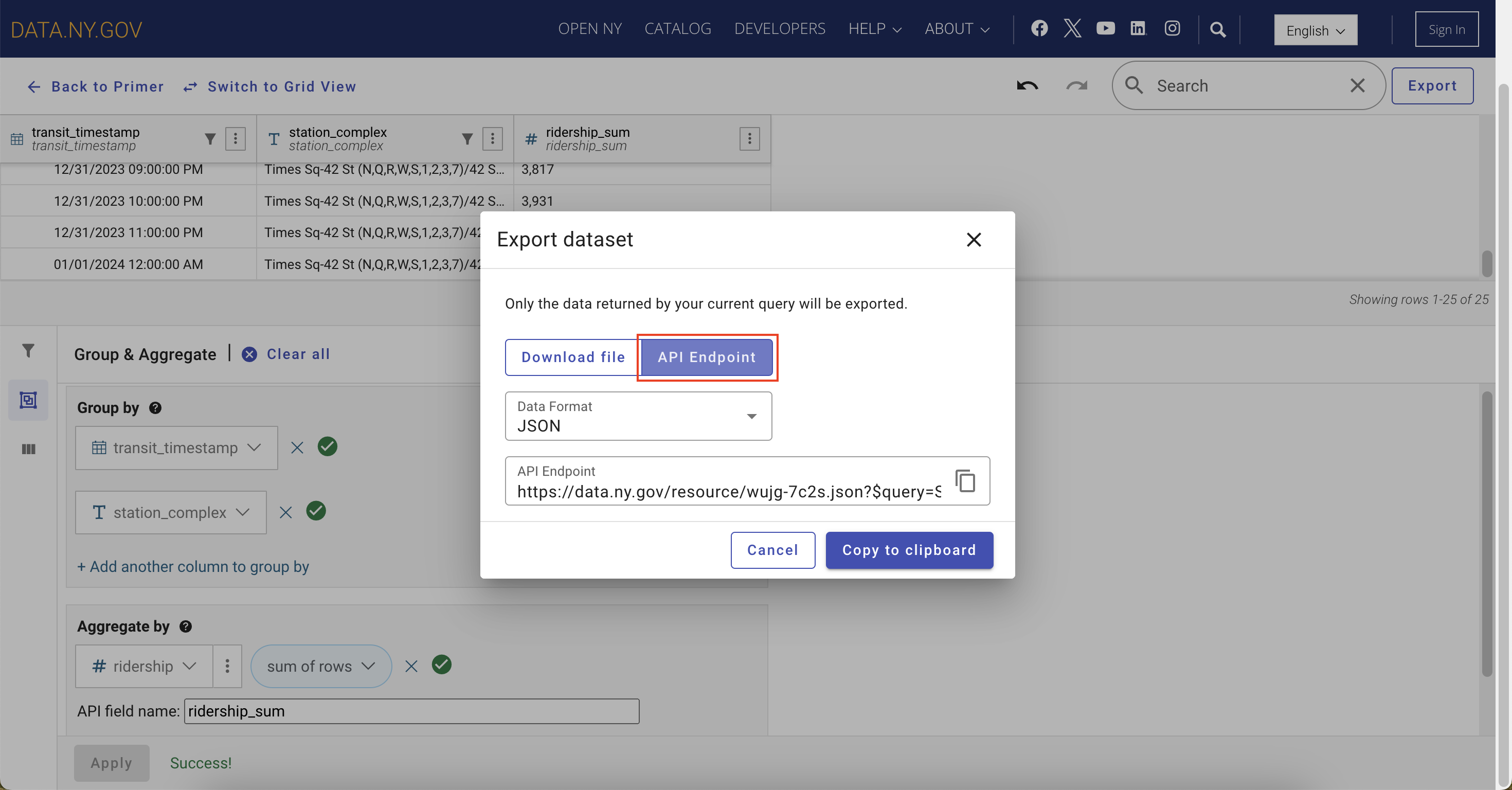 Screenshot of the New York State Open Data website showing the Export dataset pop-up with API Endpoint selected  