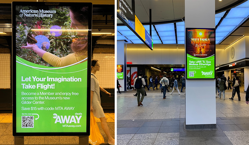On the left, an advertisement on a subway station digital screen for the American Museum of Natural HIstory; on the right, a digital screen with an ad for Melissa Etheridge's Broadway show is seen on a pillar at Penn Station