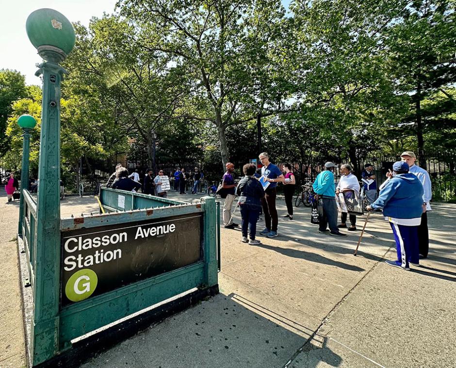 MTA representatives meet community members at the Classon Avenue subway station at an event to get feedback on the Brooklyn Bus Network Redesign