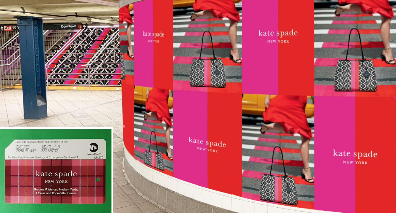 Image of Columbus Circle Station with Kate Spade ads on walls and stairs, with inset of Kate Spade plaid MetroCard