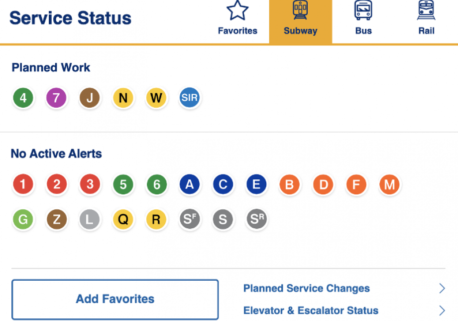 Snapshot of service status section of mta.info. Subway bullets separated into different categories