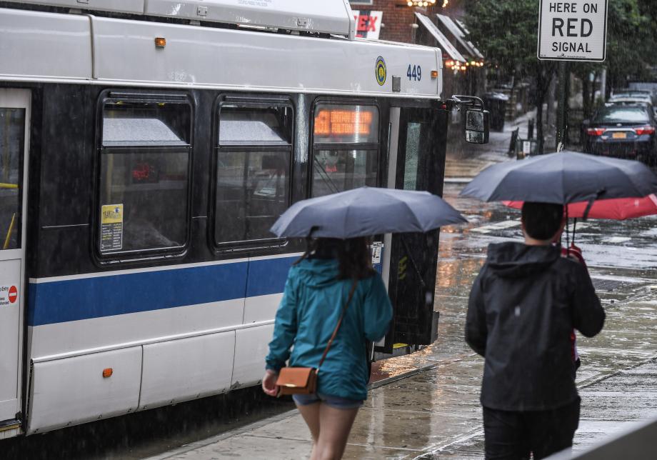 An MTA bus during a rainstorm. 