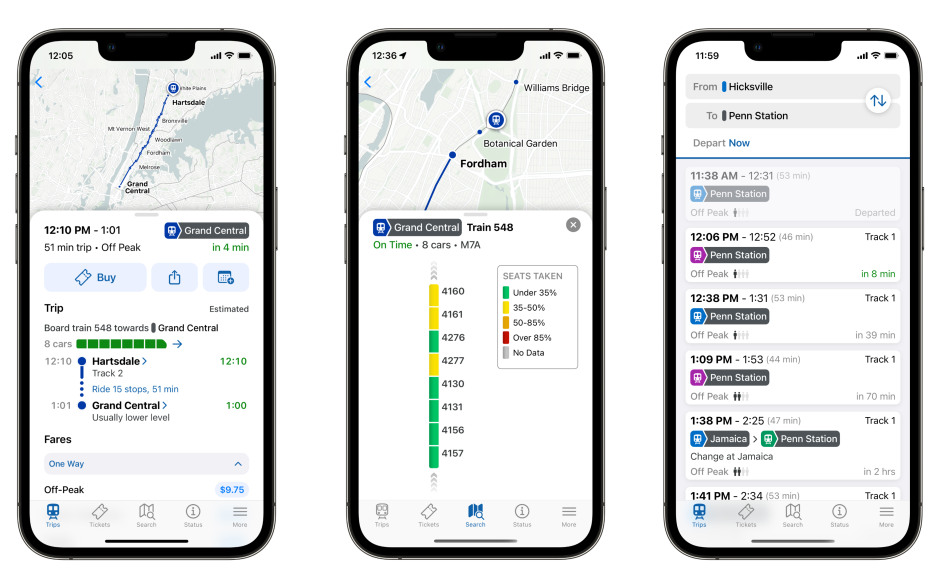 Three sample screens from the MTA TrainTime app, showing service conditions, crowding conditions, and trip options