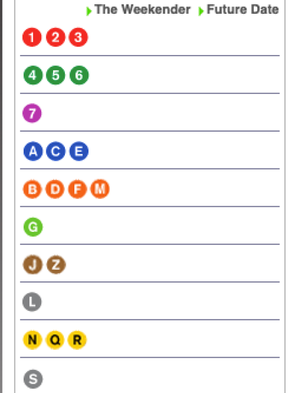 A screenshot of a colorful MTA UI element. Subway lines are grouped by color on the left with service status' on the right. 